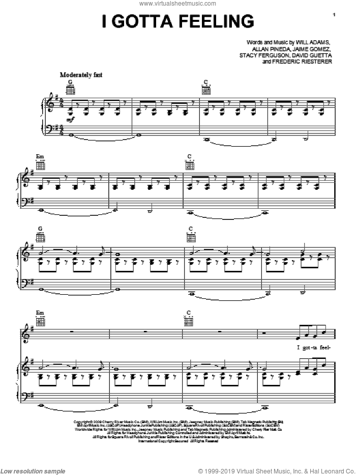 I Gotta Feeling sheet music for voice, piano or guitar by Black Eyed Peas, Alvin And The Chipmunks: The Squeakquel (Movie), Allan Pineda, David Guetta, Frederic Riesterer, Jaime Gomez, Stacy Ferguson and Will Adams, intermediate skill level