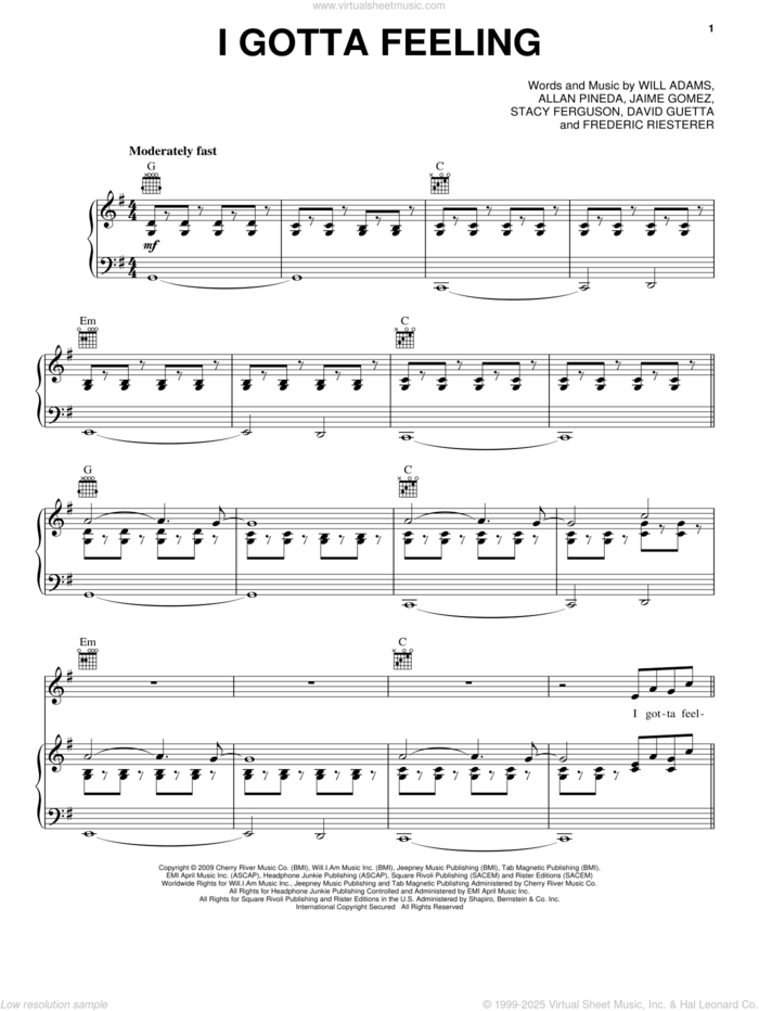 I Gotta Feeling sheet music for voice, piano or guitar by Black Eyed Peas, Alvin And The Chipmunks: The Squeakquel (Movie), Allan Pineda, David Guetta, Frederic Riesterer, Jaime Gomez, Stacy Ferguson and Will Adams, intermediate skill level