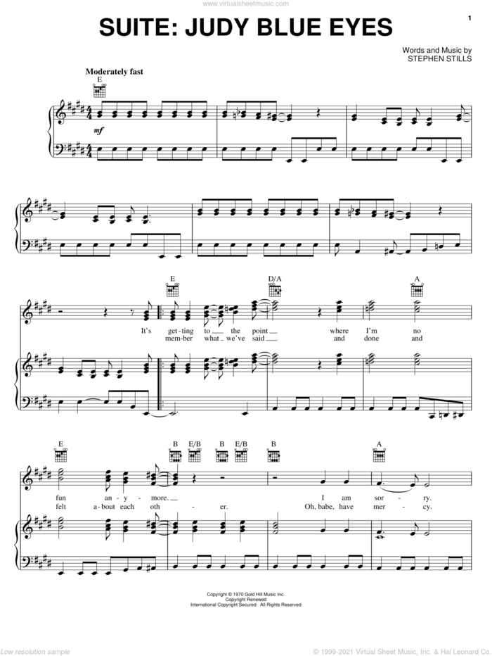 Suite: Judy Blue Eyes sheet music for voice, piano or guitar by Crosby, Stills & Nash and Stephen Stills, intermediate skill level