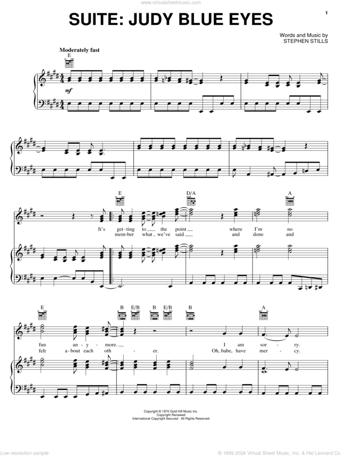 Suite: Judy Blue Eyes sheet music for voice, piano or guitar by Crosby, Stills & Nash and Stephen Stills, intermediate skill level