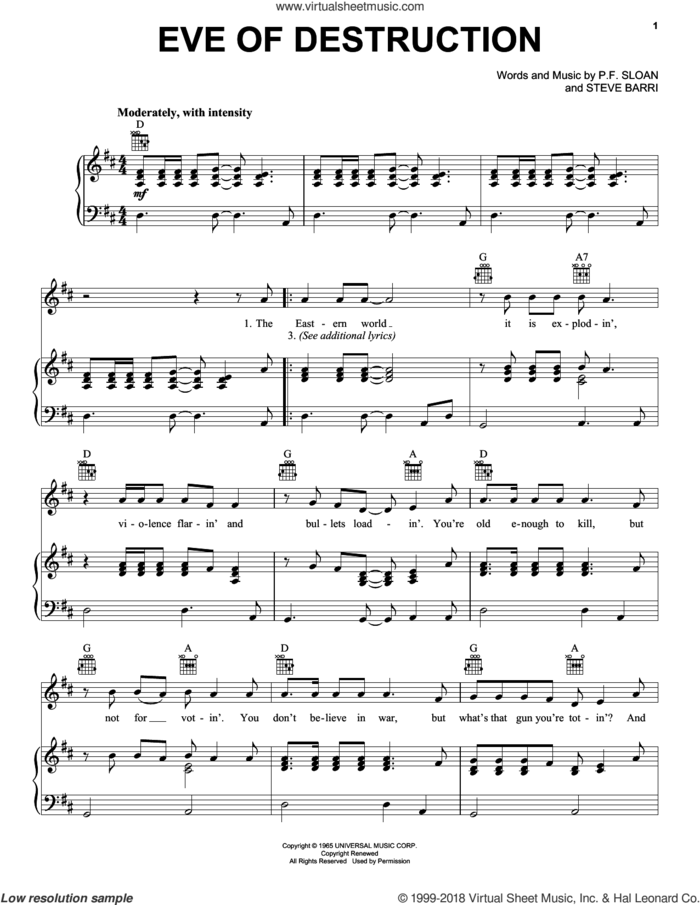 Eve Of Destruction sheet music for voice, piano or guitar by Barry McGuire, P.F. Sloan and Steve Barri, intermediate skill level
