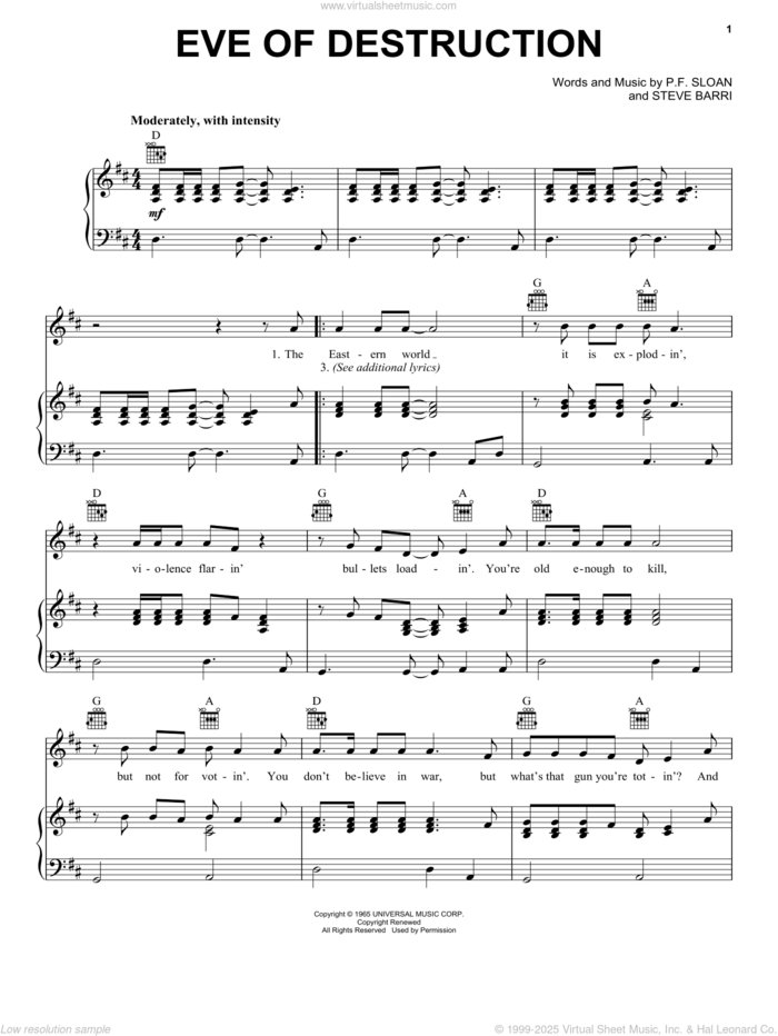 Eve Of Destruction sheet music for voice, piano or guitar by Barry McGuire, P.F. Sloan and Steve Barri, intermediate skill level