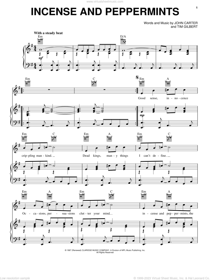 Incense And Peppermints sheet music for voice, piano or guitar by Strawberry Alarm Clock, John Carter and Tim Gilbert, intermediate skill level