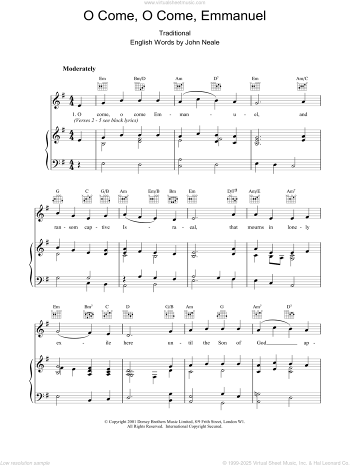 O Come, O Come Emmanuel sheet music for voice, piano or guitar by John Mason Neale, Miscellaneous, 13th Century Plainsong and Henry S. Coffin, intermediate skill level