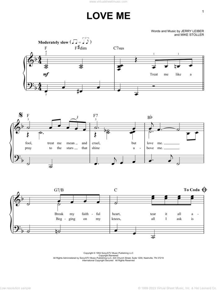 Love Me, (easy) sheet music for piano solo by Elvis Presley, Leiber & Stoller, Jerry Leiber and Mike Stoller, easy skill level