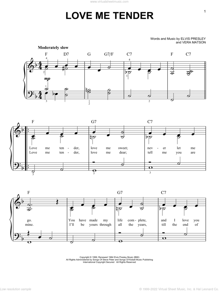 Love Me Tender, (easy) sheet music for piano solo by Elvis Presley and Vera Matson, wedding score, easy skill level