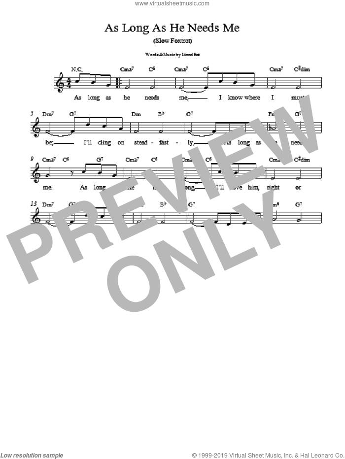 As Long As He Needs Me sheet music for voice, piano or guitar by Lionel Bart, intermediate skill level