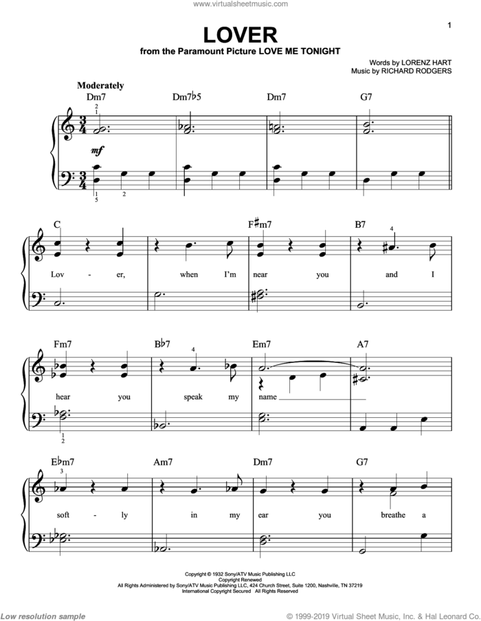 Lover sheet music for piano solo by Ella Fitzgerald, Peggy Lee, Rodgers & Hart, Lorenz Hart and Richard Rodgers, easy skill level