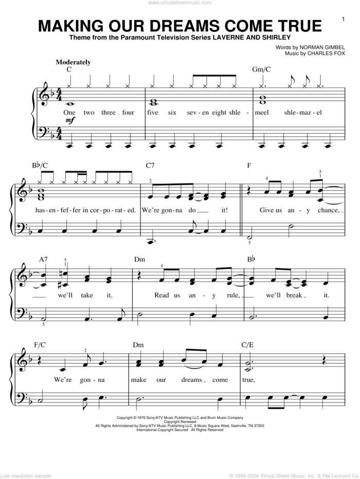 Making Our Dreams Come True sheet music for piano solo by Charles Fox and Norman Gimbel, easy skill level