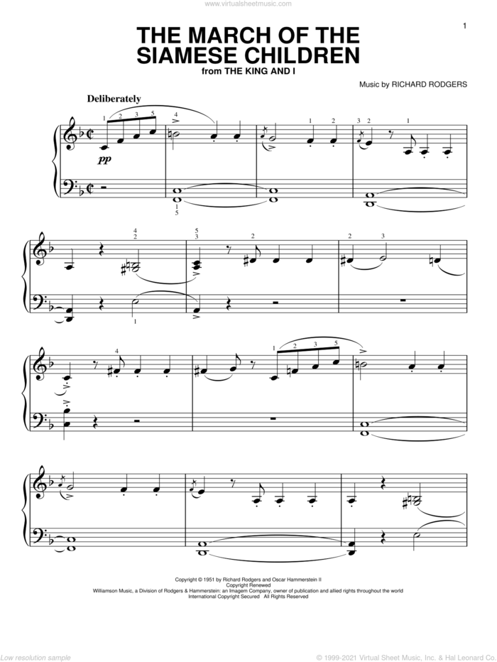 The March Of The Siamese Children sheet music for piano solo by Rodgers & Hammerstein, The King And I (Musical) and Richard Rodgers, easy skill level