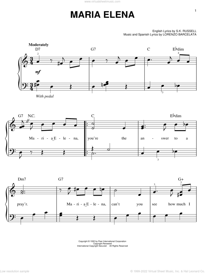 Maria Elena, (easy) sheet music for piano solo by Lorenzo Barcelata, Los Indios Trabajaras and S.K. Russell, easy skill level