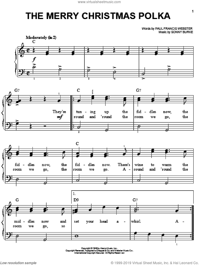The Merry Christmas Polka sheet music for piano solo by Paul Francis Webster and Sonny Burke, easy skill level