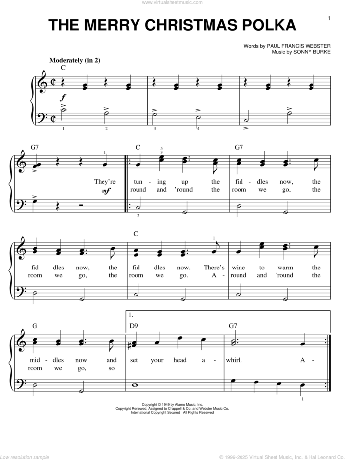 The Merry Christmas Polka sheet music for piano solo by Paul Francis Webster and Sonny Burke, easy skill level