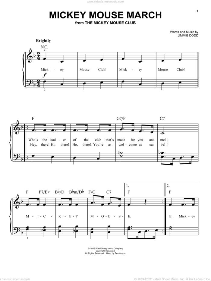 Mickey Mouse March (from The Mickey Mouse Club), (easy) sheet music for piano solo by Jimmie Dodd, easy skill level