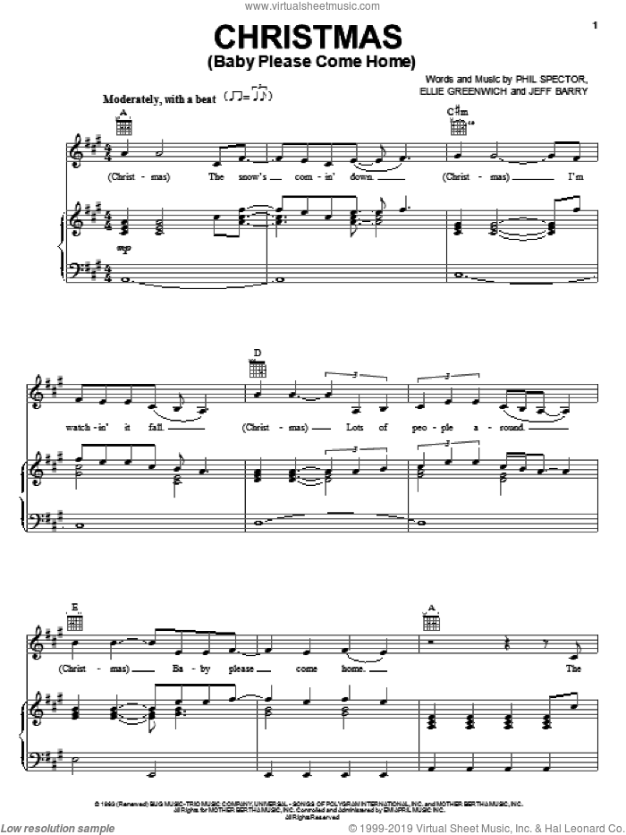 Christmas (Baby Please Come Home) sheet music for voice, piano or guitar by Melissa Etheridge, Mariah Carey, Ellie Greenwich, Jeff Barry and Phil Spector, intermediate skill level