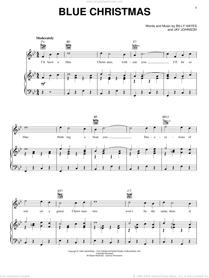 Blue Christmas sheet music for voice, piano or guitar by Melissa Etheridge, Elvis Presley, Billy Hayes and Jay Johnson, intermediate skill level