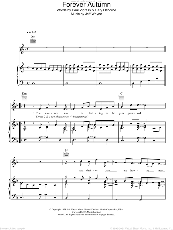 Forever Autumn sheet music for voice, piano or guitar by Jeff Wayne, intermediate skill level
