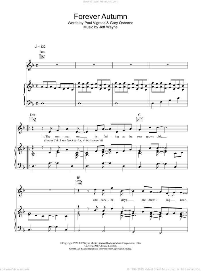 Forever Autumn sheet music for voice, piano or guitar by Jeff Wayne, intermediate skill level