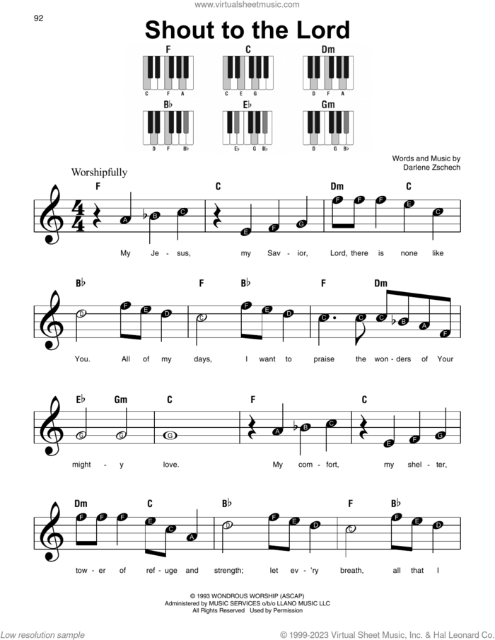 Shout To The Lord sheet music for piano solo by Hillsong, Carman and Darlene Zschech, beginner skill level