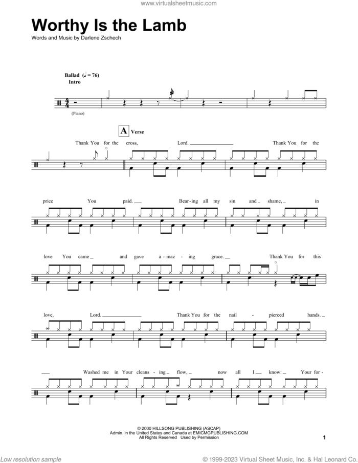Worthy Is The Lamb sheet music for drums by Darlene Zschech, intermediate skill level