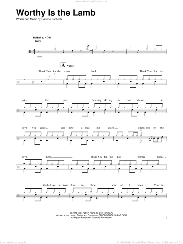 Worthy Is The Lamb sheet music for drums by Darlene Zschech, intermediate skill level