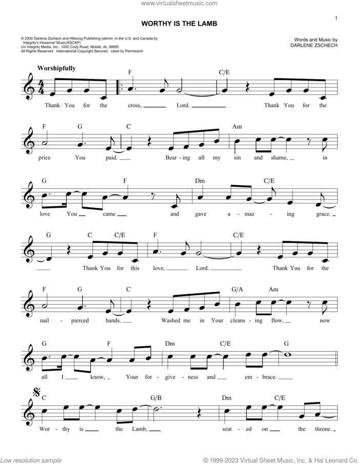 Worthy Is The Lamb sheet music for voice and other instruments (fake book) by Darlene Zschech, easy skill level