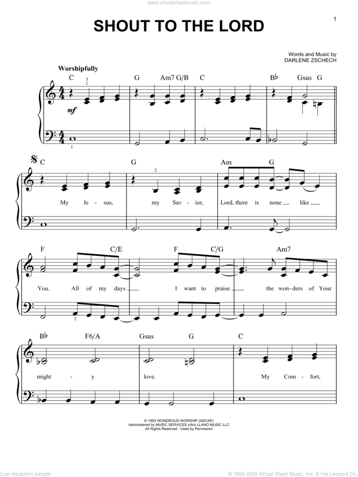 Shout To The Lord sheet music for piano solo by Hillsong, Carman and Darlene Zschech, beginner skill level