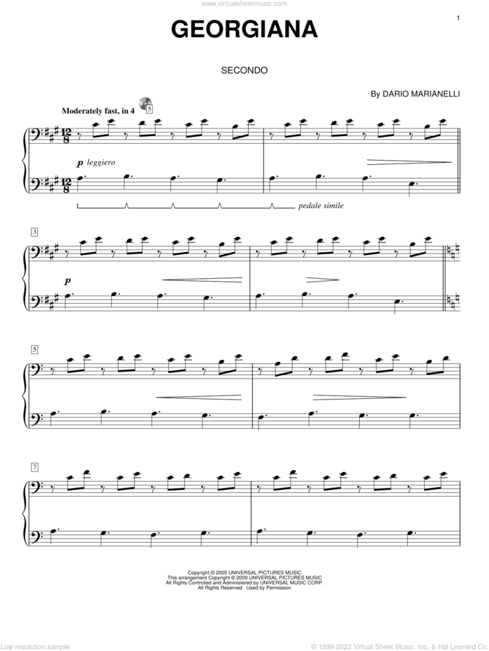 Georgiana sheet music for piano four hands by Dario Marianelli, Carol Klose and Pride & Prejudice (Movie), intermediate skill level