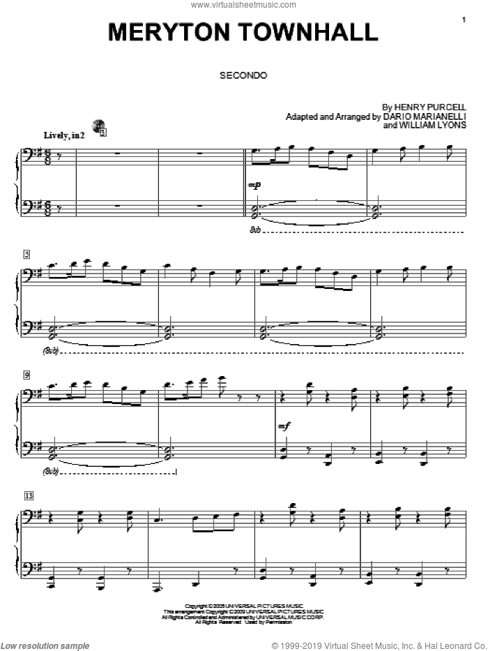 Meryton Townhall (from Pride And Prejudice) (arr. Carol Klose) sheet music for piano four hands by Dario Marianelli, Carol Klose, Henry Purcell, Pride & Prejudice (Movie) and William Lyons, intermediate skill level