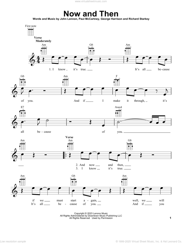 Now And Then sheet music for ukulele by The Beatles, George Harrison, John Lennon, Paul McCartney and Richard Starkey, intermediate skill level