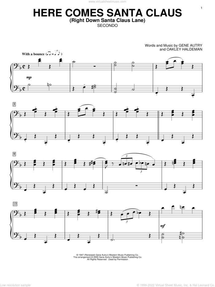 Here Comes Santa Claus (Right Down Santa Claus Lane) sheet music for piano four hands by Gene Autry and Oakley Haldeman, intermediate skill level