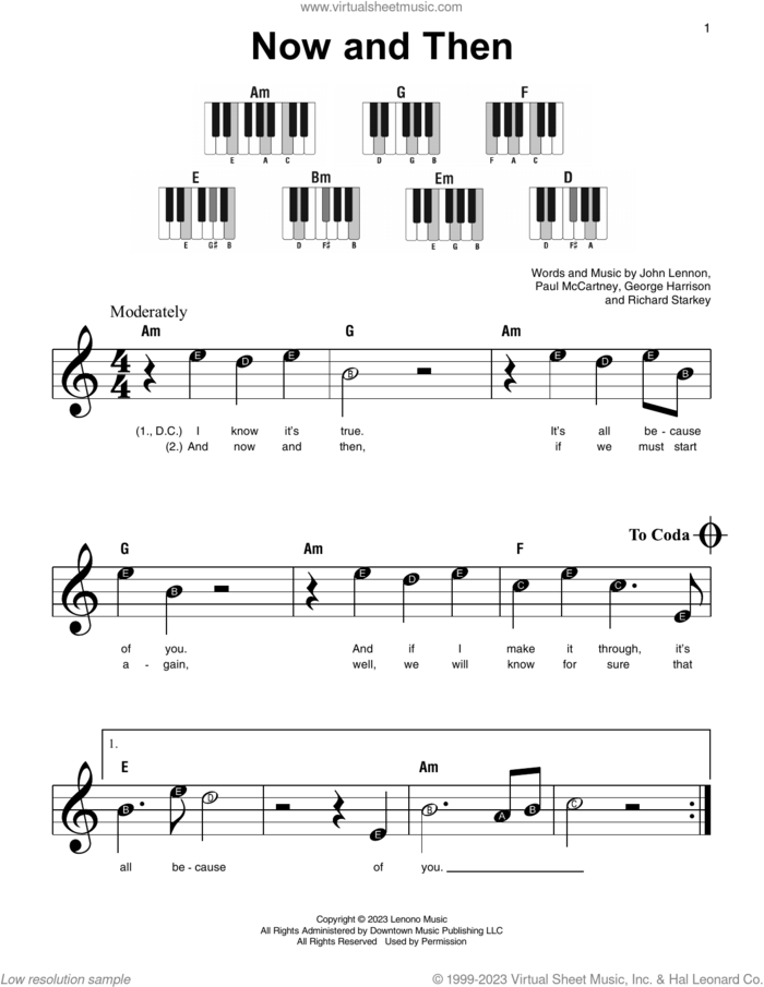 Now And Then sheet music for piano solo by The Beatles, George Harrison, John Lennon, Paul McCartney and Richard Starkey, beginner skill level