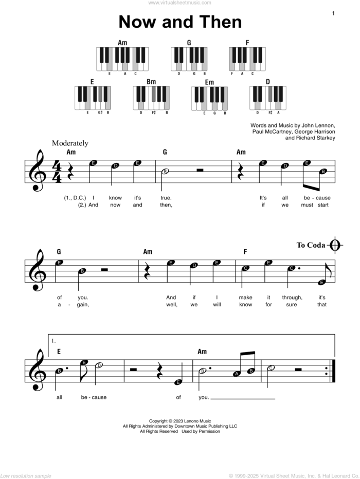 Now And Then, (beginner) sheet music for piano solo by The Beatles, George Harrison, John Lennon, Paul McCartney and Richard Starkey, beginner skill level
