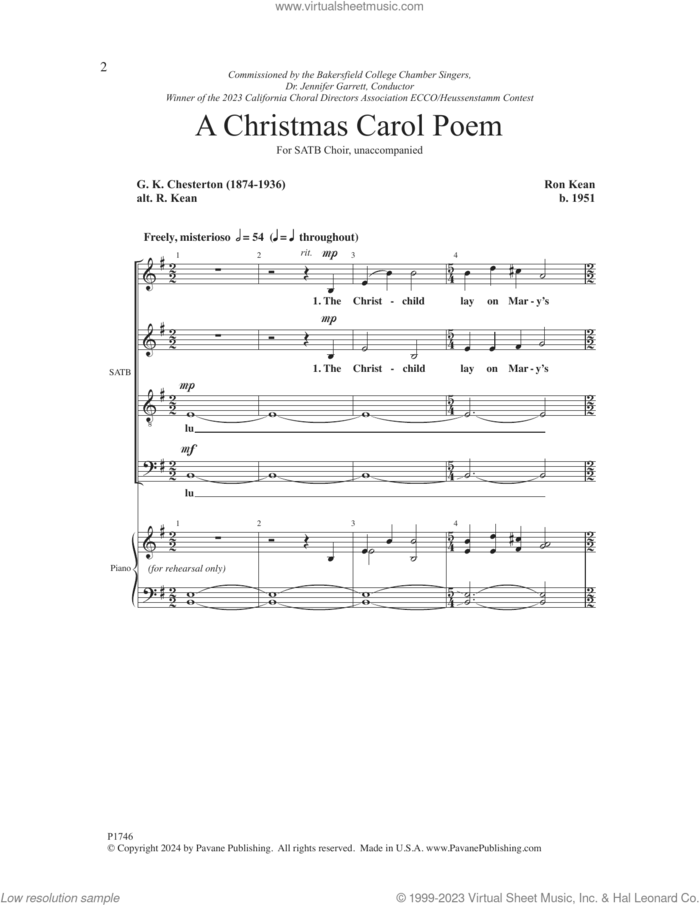 A Christmas Carol Poem sheet music for choir (SATB: soprano, alto, tenor, bass) by Ron Kean and G.K. Chesterton, intermediate skill level