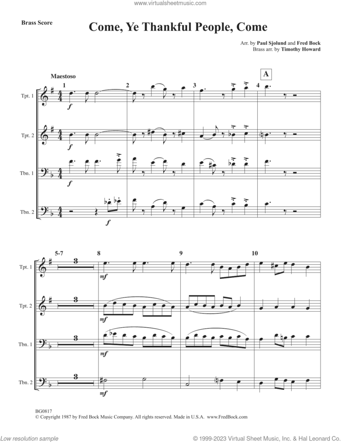 Come, Ye Thankful People, Come (arr. Paul Sjolund and Fred Bock) (COMPLETE) sheet music for orchestra/band (Brass) by George Job Elvey, Fred Bock, Paul Sjolund and Timothy Howard, intermediate skill level