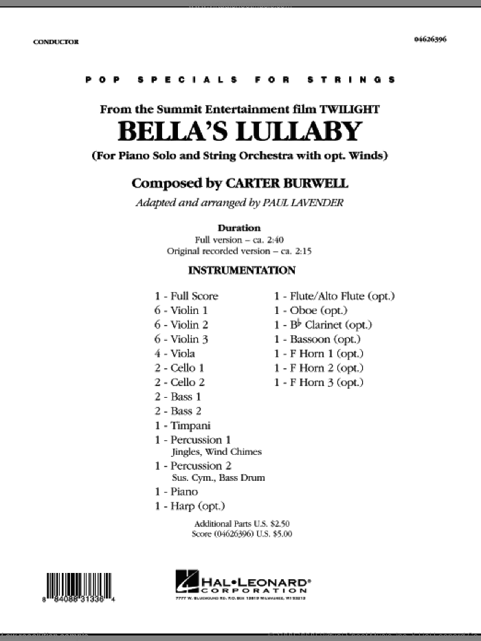Bella's Lullaby (from 'Twilight') (COMPLETE) sheet music for orchestra by Paul Lavender and Carter Burwell, intermediate skill level