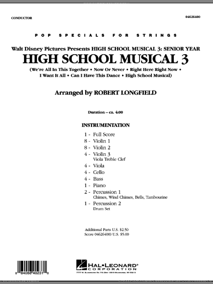 High School Musical 3 (COMPLETE) sheet music for orchestra by Robert Longfield, intermediate skill level