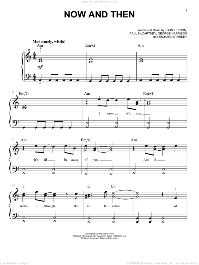 Now And Then sheet music for piano solo by The Beatles, George Harrison, John Lennon, Paul McCartney and Richard Starkey, easy skill level