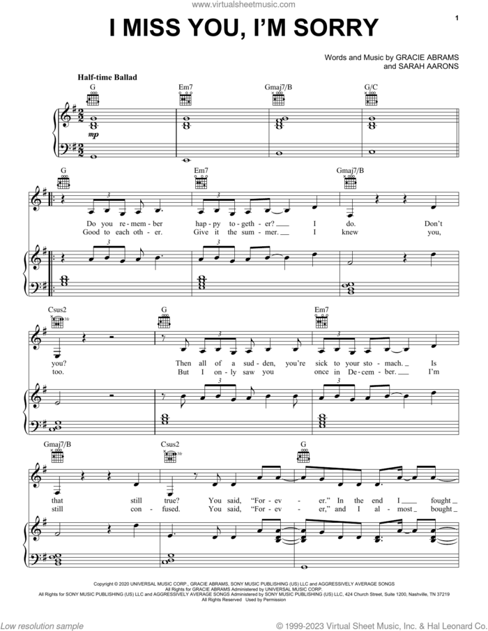 I miss you, I'm sorry sheet music for voice, piano or guitar by Gracie Abrams and Sarah Aarons, intermediate skill level