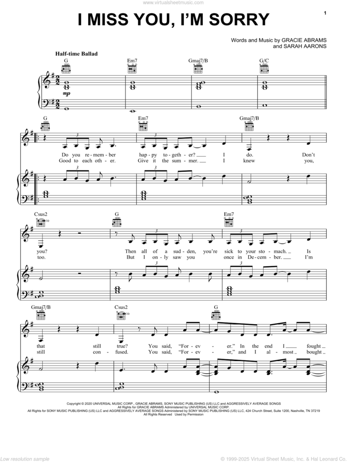 I miss you, I'm sorry sheet music for voice, piano or guitar by Gracie Abrams and Sarah Aarons, intermediate skill level