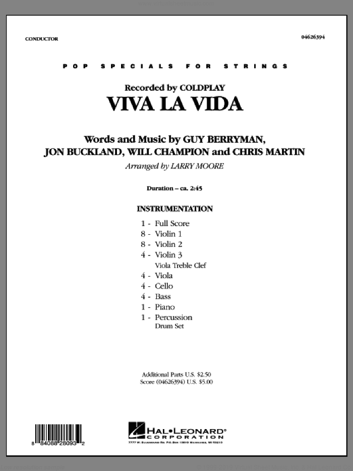 Viva La Vida (COMPLETE) sheet music for orchestra by Guy Berryman, Chris Martin, Jon Buckland, Will Champion, Coldplay and Larry Moore, intermediate skill level