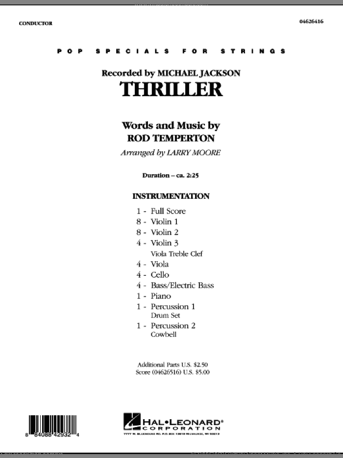 Thriller (COMPLETE) sheet music for orchestra by Larry Moore, Rod Temperton and Michael Jackson, intermediate skill level