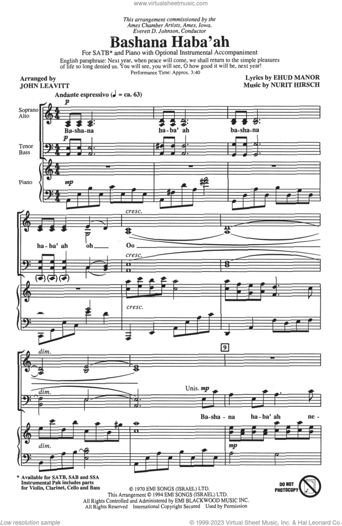 Bashana Haba'ah (arr. John Leavitt) sheet music for choir (SATB: soprano, alto, tenor, bass) by Nurit Hirsh, John Leavitt and Ehud Manor, intermediate skill level
