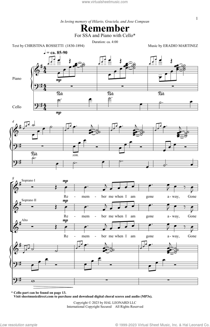 Remember sheet music for choir (SSA: soprano, alto) by Eradio Martinez and Christina Rossetti, intermediate skill level