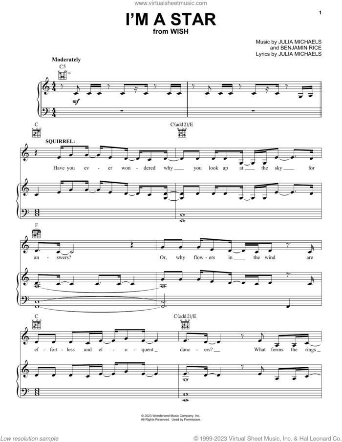 I'm A Star (from Wish) sheet music for voice, piano or guitar by The Cast Of Wish, Benjamin Rice and Julia Michaels, intermediate skill level