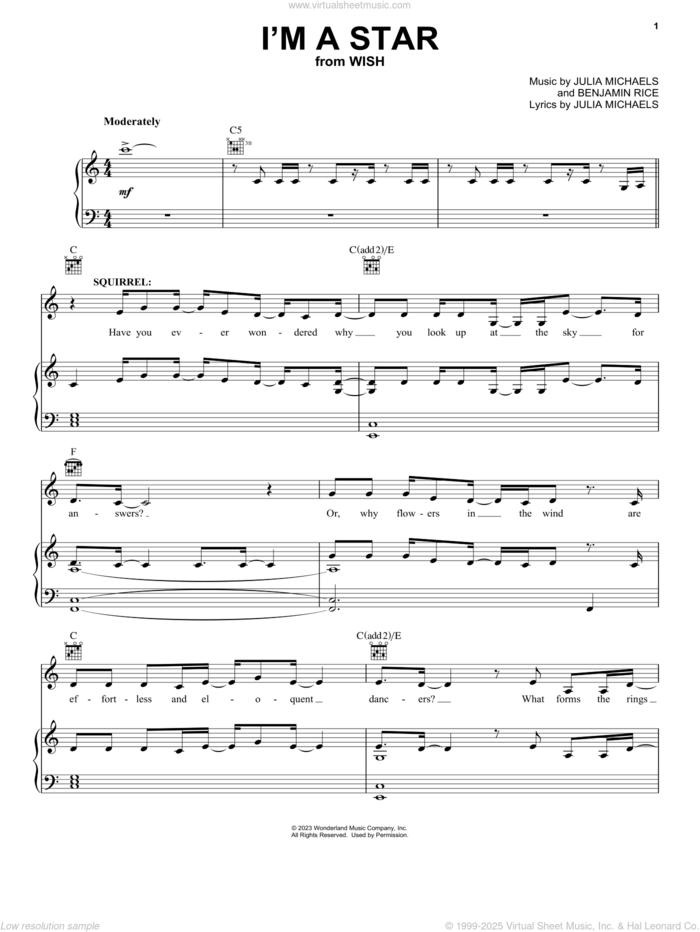 I'm A Star (from Wish) sheet music for voice, piano or guitar by The Cast Of Wish, Benjamin Rice and Julia Michaels, intermediate skill level