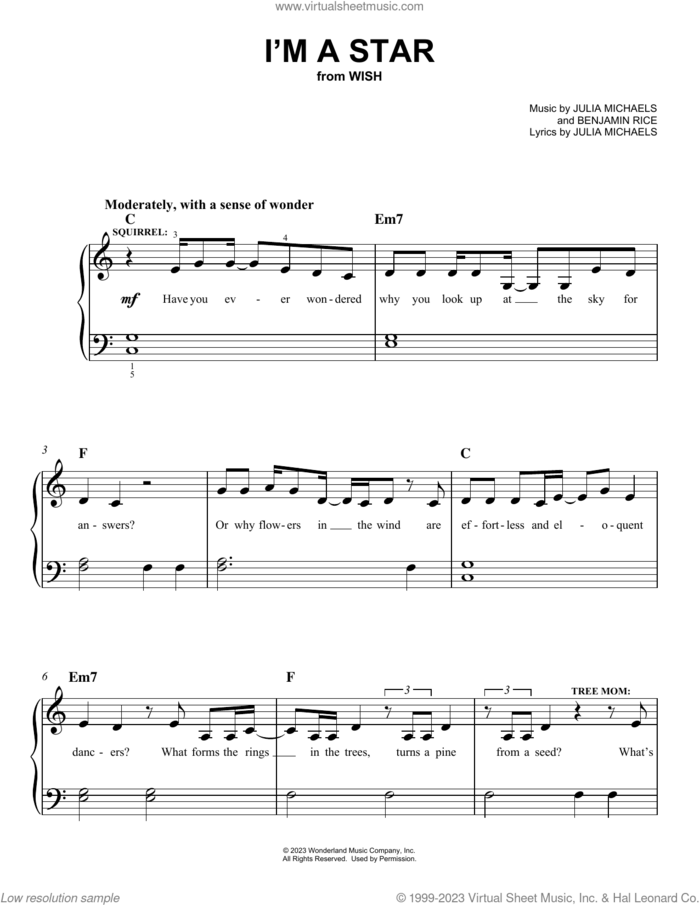 I'm A Star (from Wish) sheet music for piano solo by The Cast Of Wish, Benjamin Rice and Julia Michaels, easy skill level