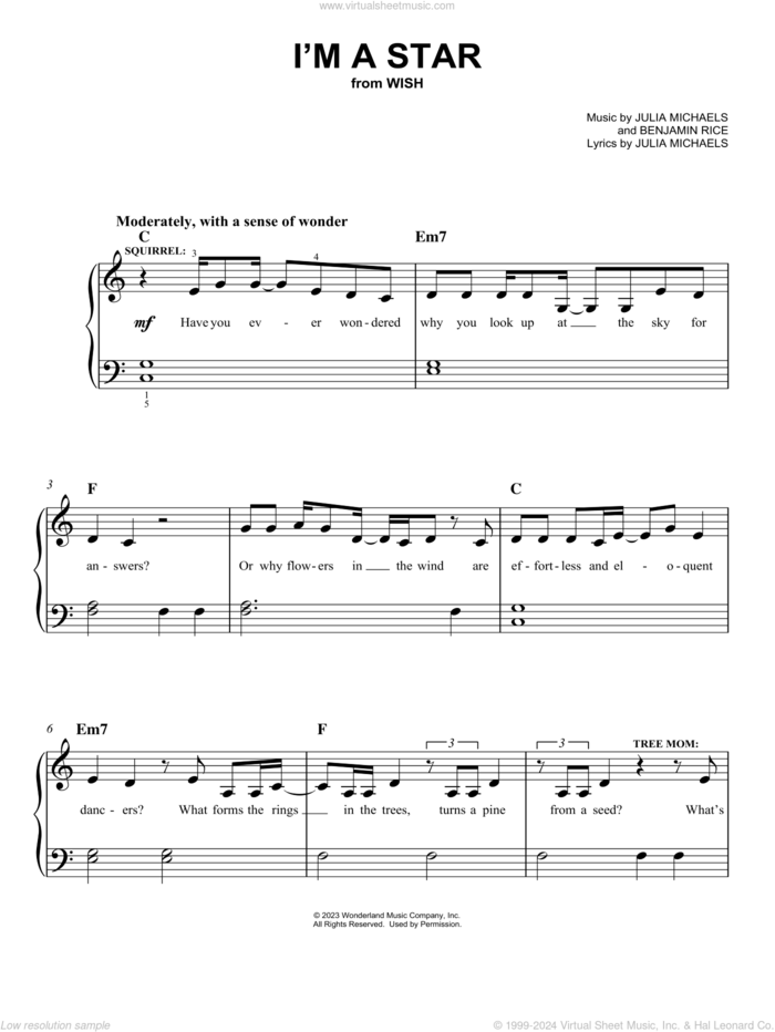 I'm A Star (from Wish) sheet music for piano solo by The Cast Of Wish, Benjamin Rice and Julia Michaels, easy skill level