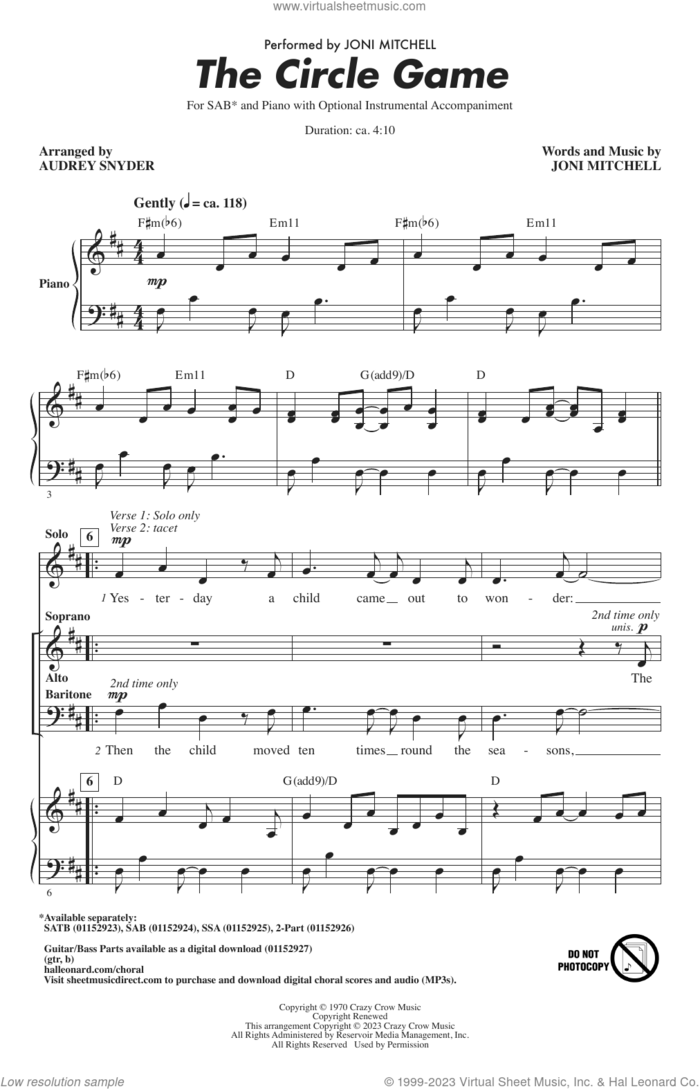 The Circle Game (arr. Audrey Snyder) sheet music for choir (SAB: soprano, alto, bass) by Joni Mitchell and Audrey Snyder, intermediate skill level