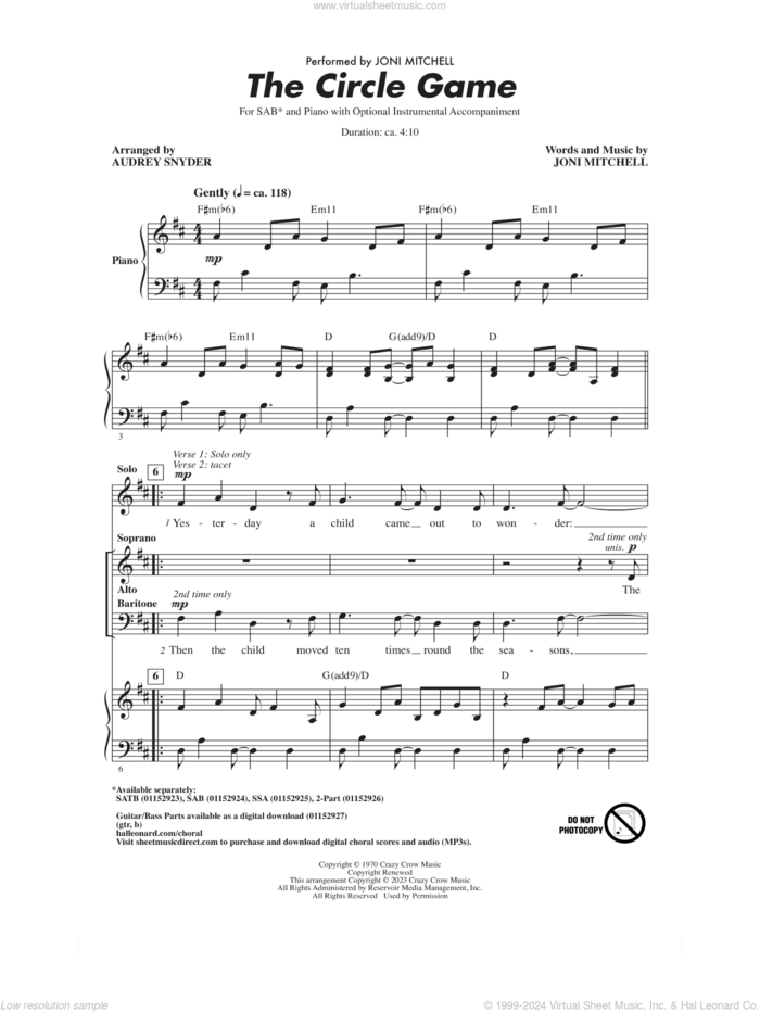 The Circle Game (arr. Audrey Snyder) sheet music for choir (SAB: soprano, alto, bass) by Joni Mitchell and Audrey Snyder, intermediate skill level